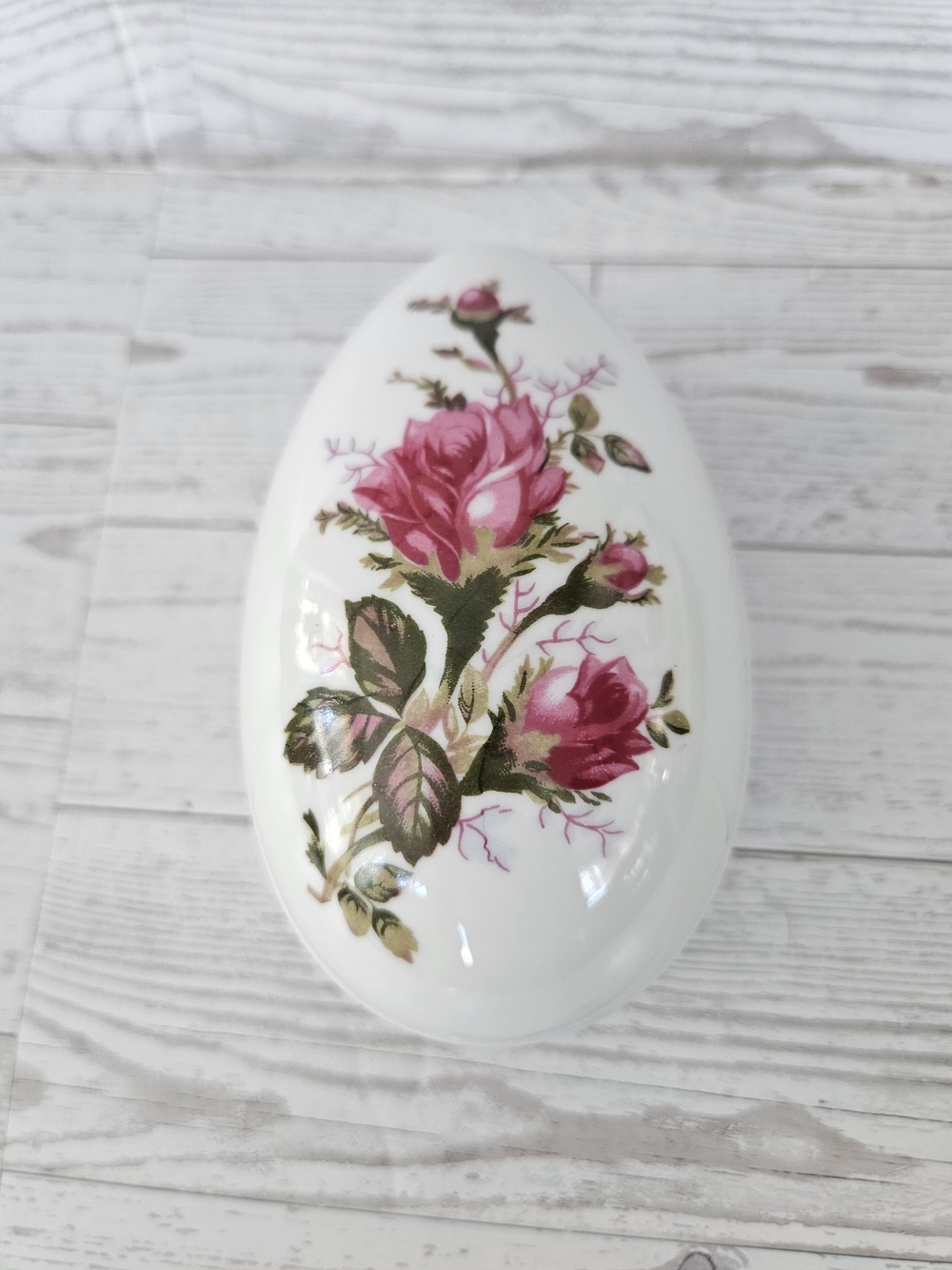 Porcelain Floral Egg Trinket Box with Pink Rose Motif VINTAGE